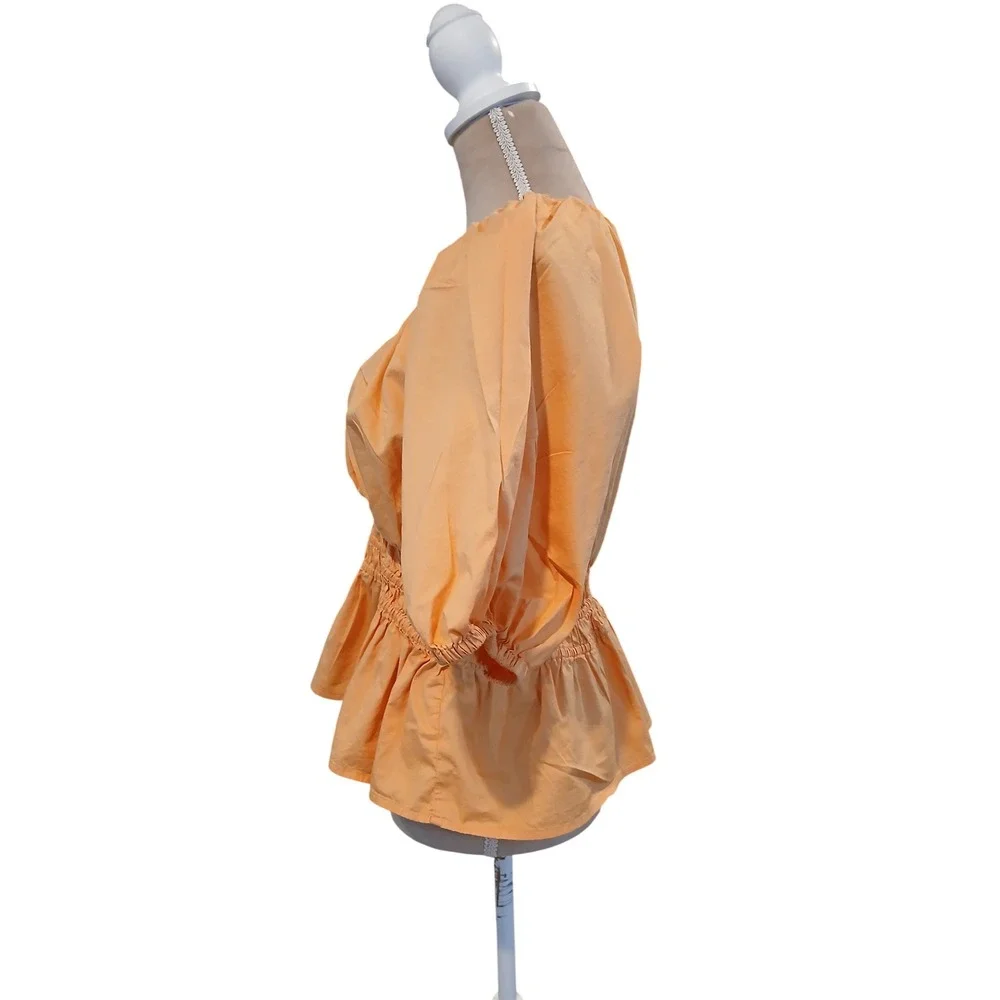 Old Navy Med Tall Orange Cotton Puff Sleeve Smocked Peplum Blouse V-Neck Top